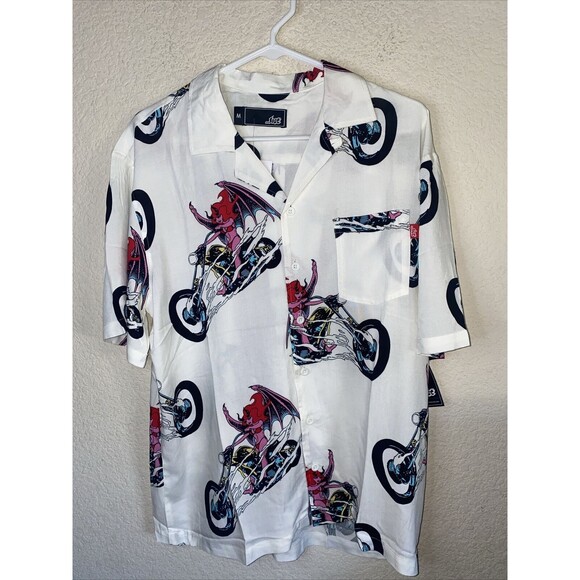 LOST Motorcycle Devil Pinup Biker Mens M Button Up Shirt Halloween Rock Novelty - Picture 1 of 7